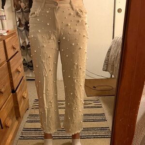 Beige Pearl Embellished Women's Pants (Size small)